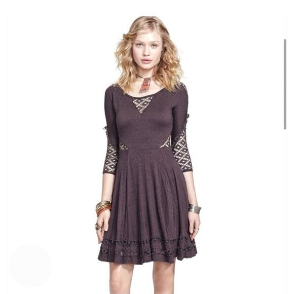 Free People Womens Dress Sz M Dark Brown To the Point Fit and Flare Lace Boho - Picture 1 of 7